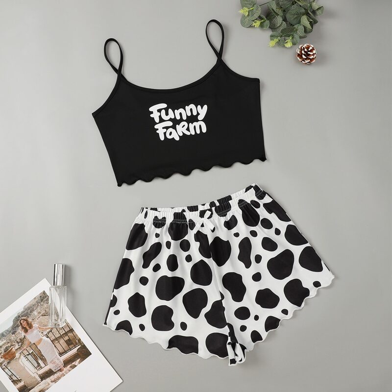 

Letter And Cow Print Scallop Trim Pajama Set, Black and white