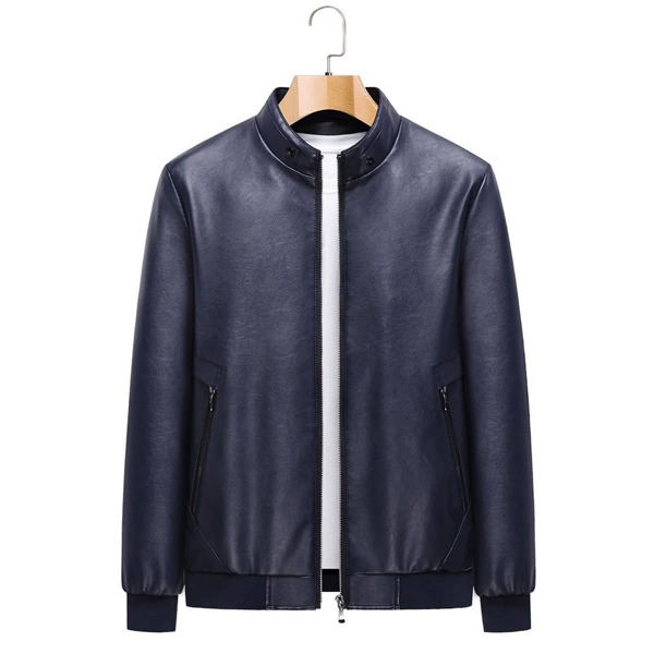 

Men Solid Zip Up PU Leather Jacket, Navy blue