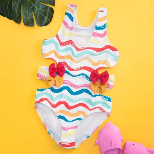 

Toddler Girls Rainbow Wave Striped One Piece Swimsuit, Multicolor