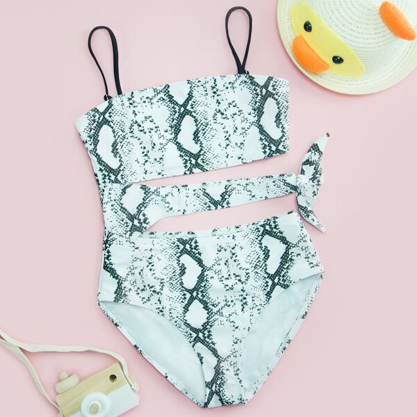

Girls Snakeskin Cut-out One Piece Swimsuit, Black and white