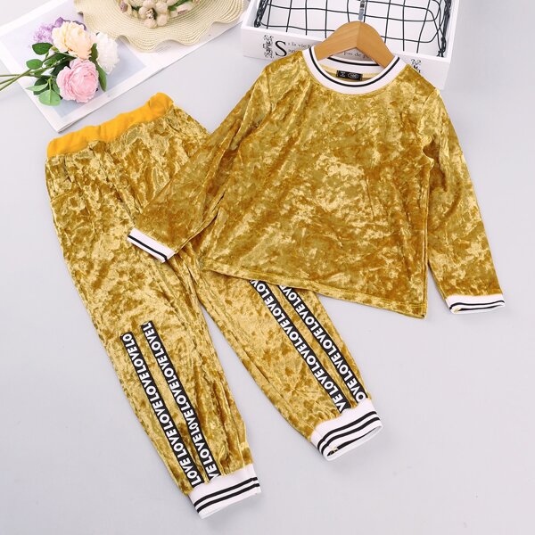 

Toddler Girls Contrast Binding Sweatshirt & Letter Tape Sweatpants, Yellow