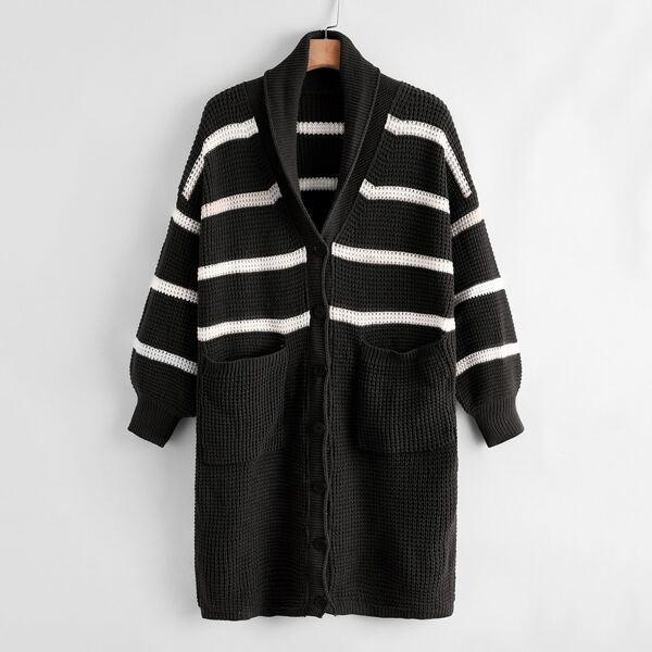 

Plus Striped Dual Pocket Drop Shoulder Cardigan, Black