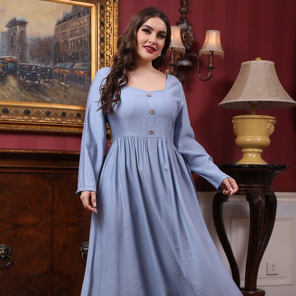 

Plus Square Neck Button Front A-line Dress, Dusty blue
