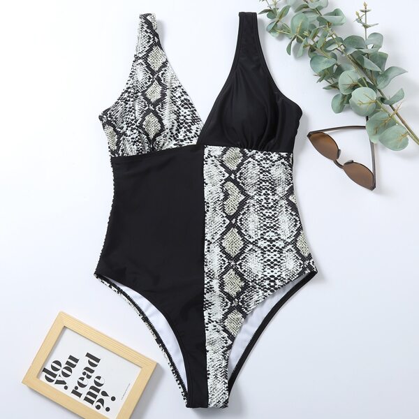 

Contrast Snakeskin Print One Piece Swimsuit, Multicolor