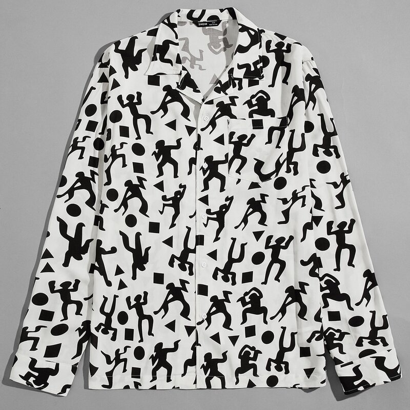 

Men Patch Pocket Figure & Geo Print Shirt, Black and white