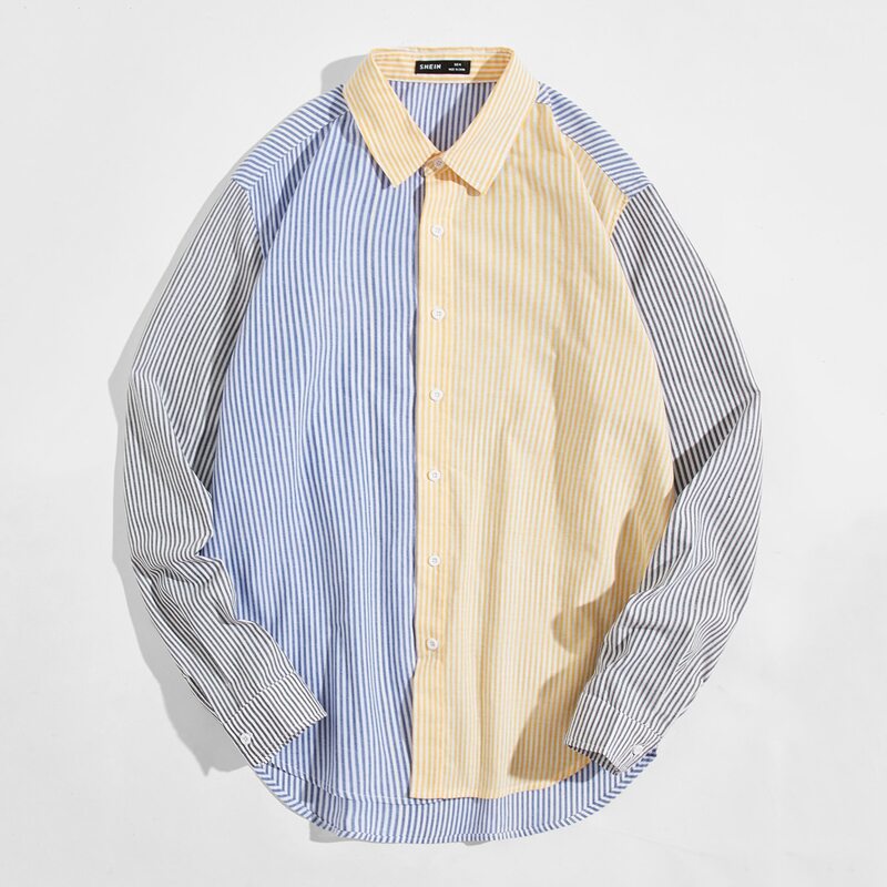 

Guys Striped Colorblock Curved Hem Shirt, Multicolor