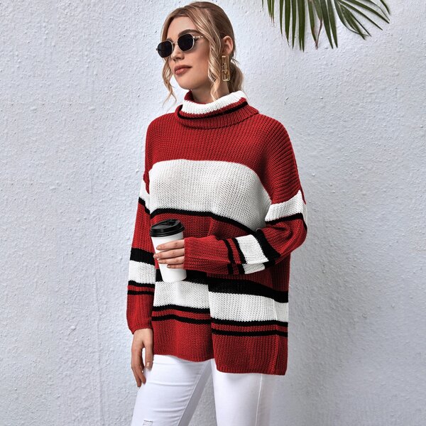 

Drop Shoulder Color Block Sweater, Red and white
