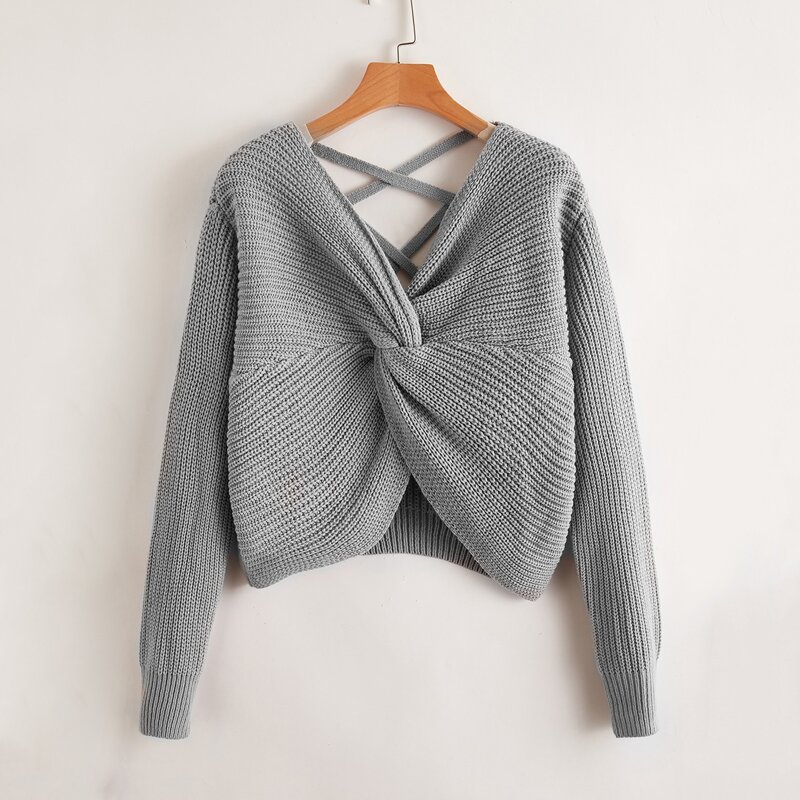 

Twist Front Criss Cross Sweater, Grey