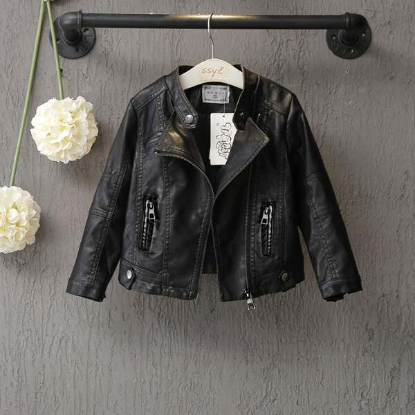 

Toddler Girls Zip Up PU Moto Jacket, Black