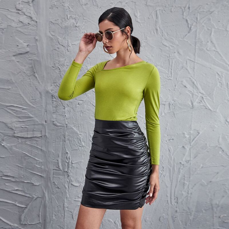 

Asymmetrical Neck Solid Tee, Lime green