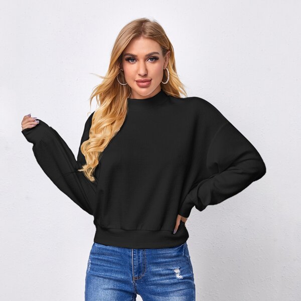 

Mock-Neck Drop Shoulder Pullover, Black