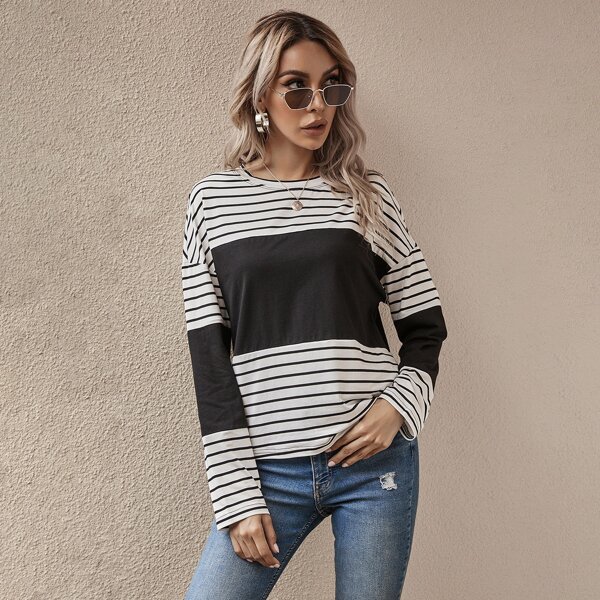 

Colorblock Striped Drop Shoulder Tee, Black and white