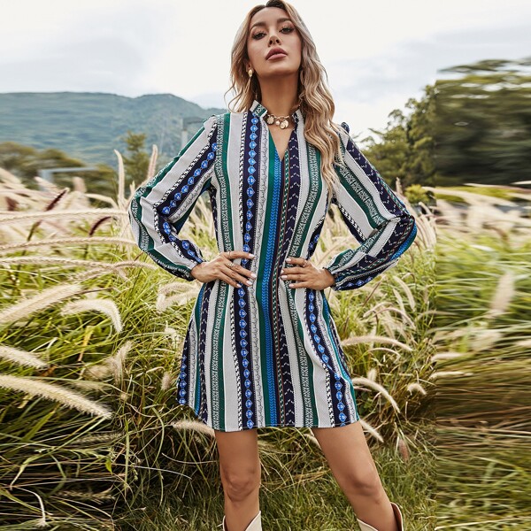 

Notched Chevron And Striped Tunic Dress, Multicolor