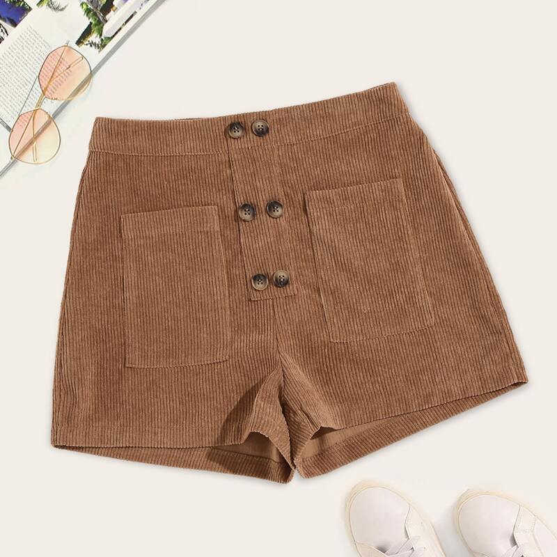 

Double Button Pocket Front Corduroy Shorts, Brown