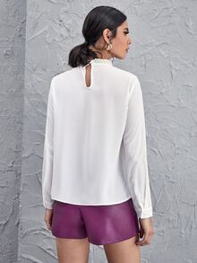 SHEIN Clasi Pearls Beaded Mock Neck Fold Pleat Front Blouse - White - View 2