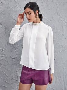SHEIN Clasi Pearls Beaded Mock Neck Fold Pleat Front Blouse - White - View 3