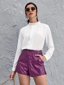 SHEIN Clasi Pearls Beaded Mock Neck Fold Pleat Front Blouse - White - View 4