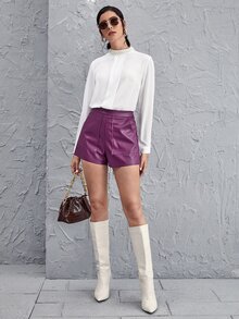SHEIN Clasi Pearls Beaded Mock Neck Fold Pleat Front Blouse - White - View 5