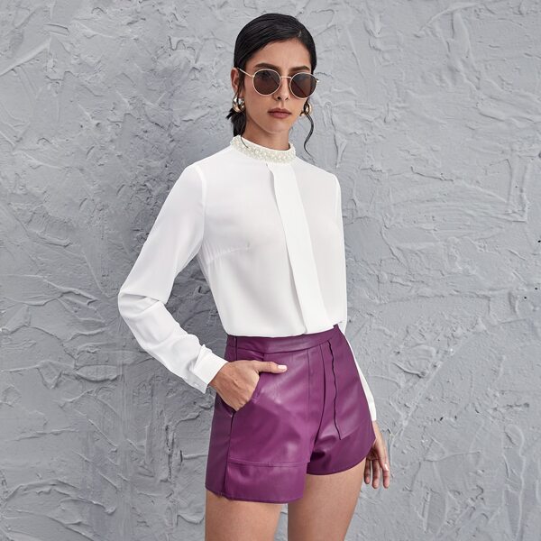 

Pearls Beaded Mock Neck Fold Pleat Front Blouse, White