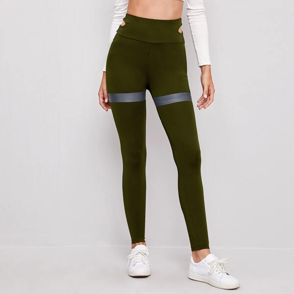 

Cutout Wide Waistband Colorblock Leggings, Army green