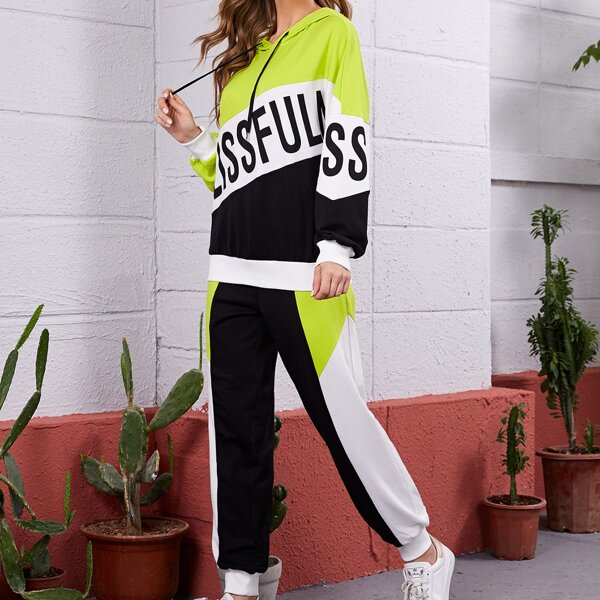 

Letter Graphic Colorblock Drawstring Hoodie & Joggers Set, Multicolor