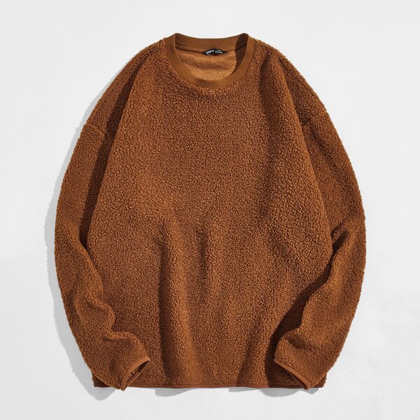 

Men Drop Shoulder Solid Teddy Pullover, Brown