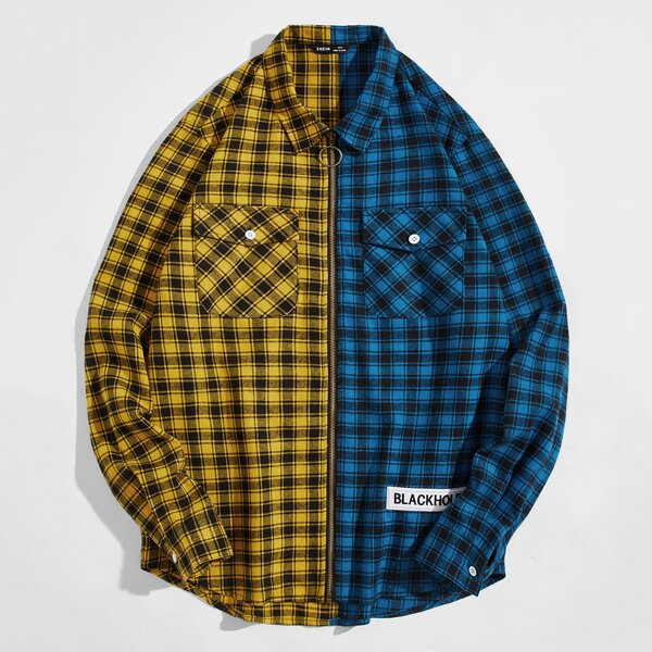 

Men Plaid Spliced Flap Pocket Zipper Placket Shirt, Multicolor