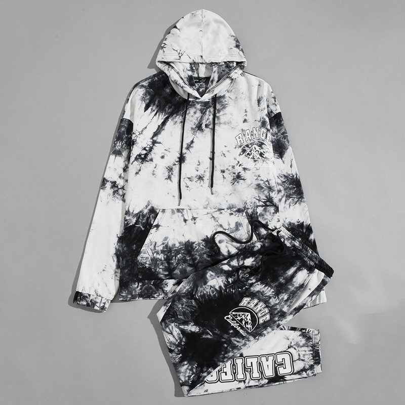 

Guys Drop Shoulder Letter Graphic Tie Dye Drawstring Hoodie & Joggers Set, Black and white
