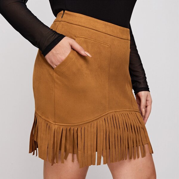 

Plus Fringe Hem Suede Skirt, Brown