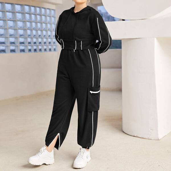 

Plus Contrast Piping Hoodie & Patch Pocket Joggers Set, Black