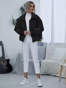 SHEIN Essnce Drop Shoulder Zip Up Puffer Jacket Fall Winter Cloth For Women - Black - View 4