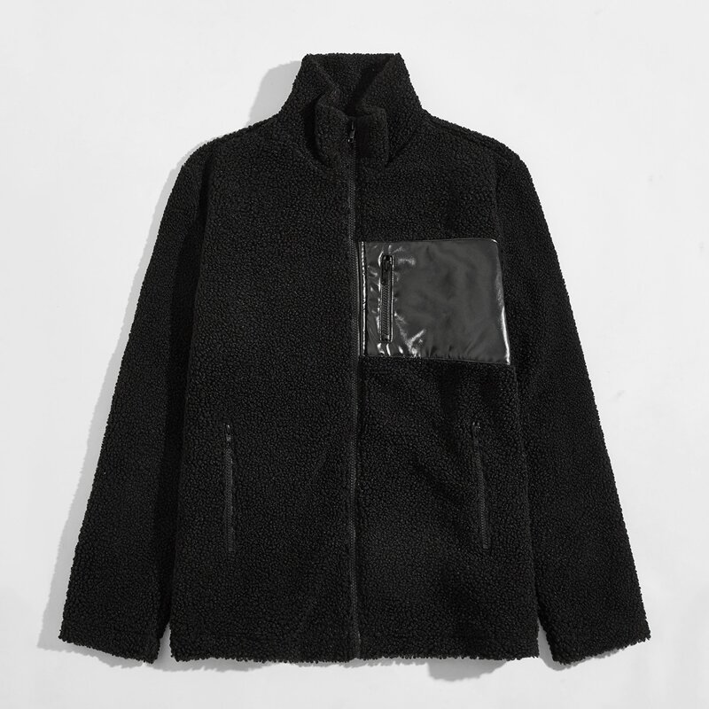 

Guys Zipper Patch Pocket Teddy Coat, Black