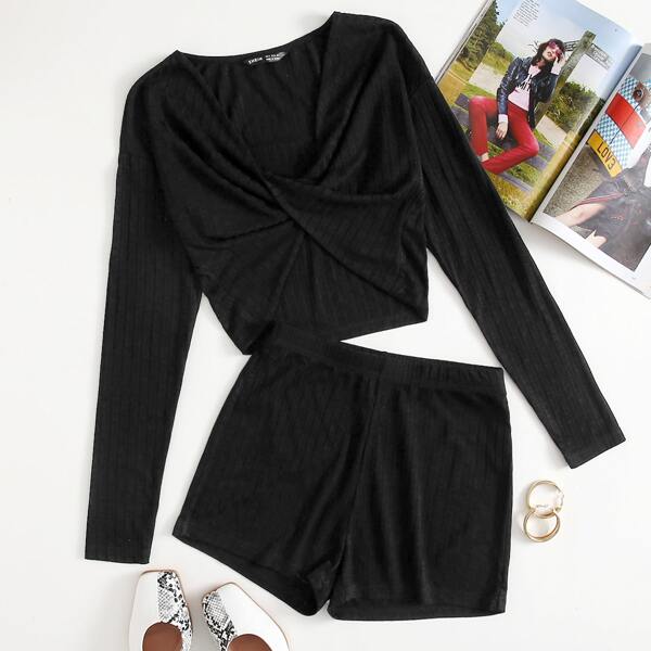 

Surplice Neck Rib-knit Crop Top And Biker Shorts Set, Black