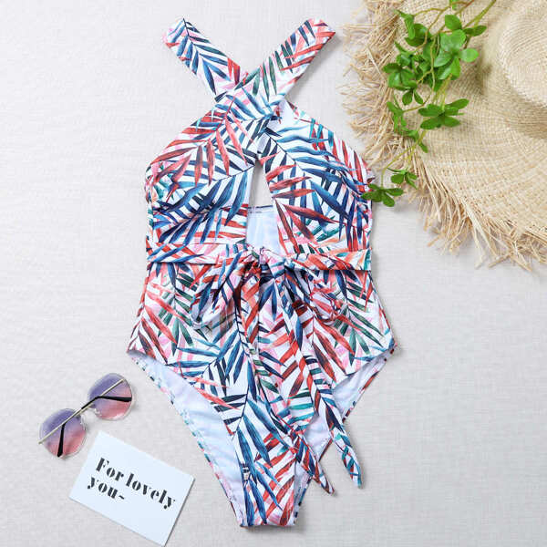

Leaf Print Criss Cross Tie Front One Piece Swimsuit, Multicolor