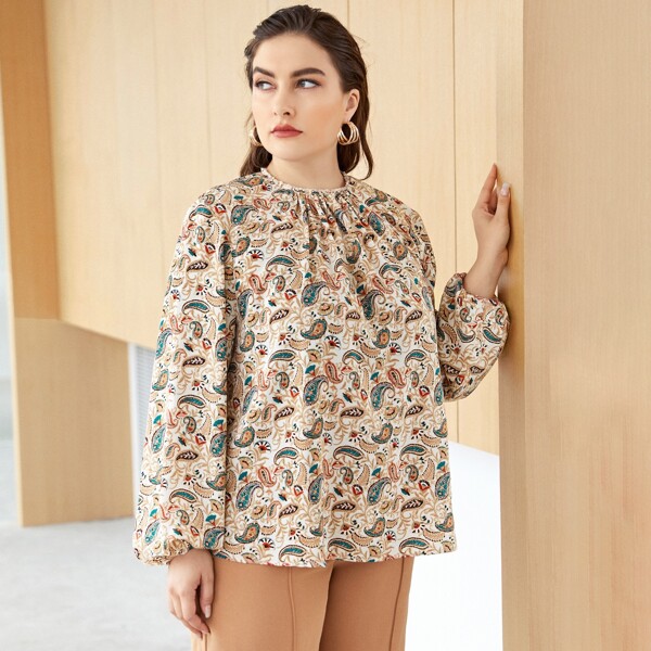 

Plus Lantern Sleeve Paisley Print Top, Multicolor