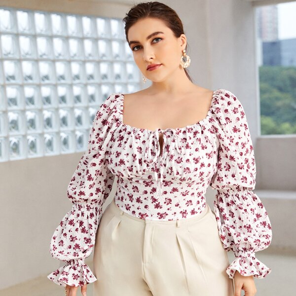 

Plus Tie Neck Ruffle Cuff Ditsy Floral Top, Red and white