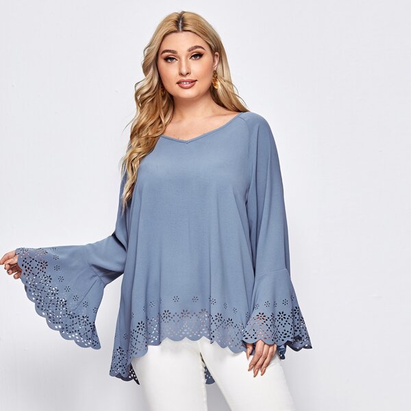 

Plus Laser Cut Flounce Sleeve Blouse, Dusty blue