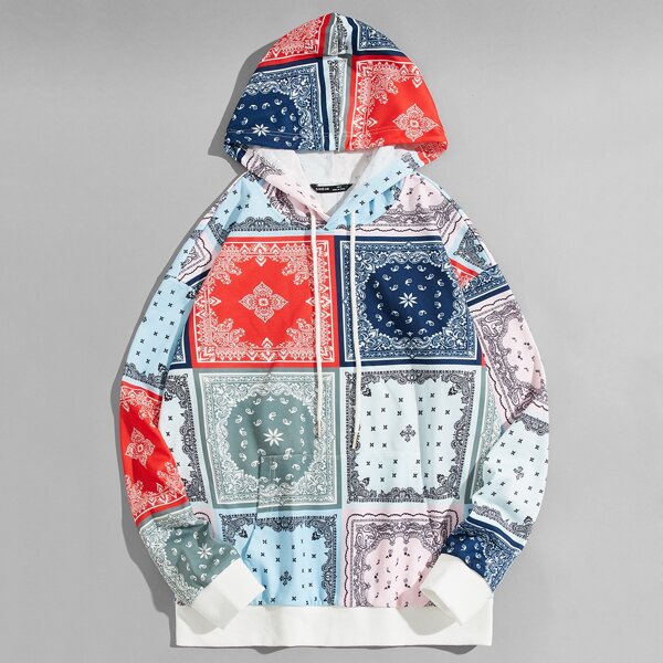 

Men Pouch Pocket Geo Print Hoodie, Multicolor