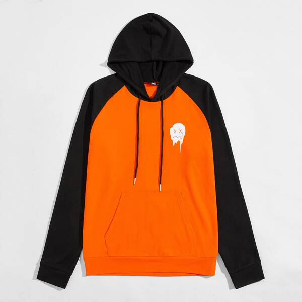 

Men Colorblock Raglan Cartoon Graphic Hoodie, Orange neon
