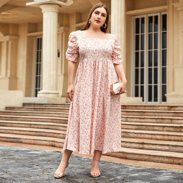 

Plus Gathered Sleeve Ditsy Floral Dress, Baby pink