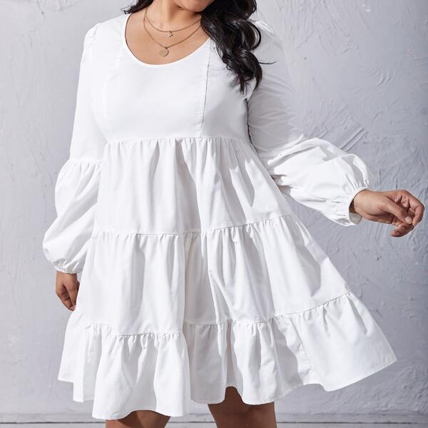 

Plus Lantern Sleeve Smock Dress, White