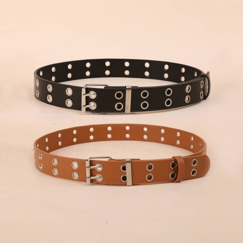 

2pcs Guys Eyelet Decor Belt, Multicolor