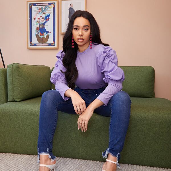 

Plus Leg-of-mutton Sleeve Ribbed Tee, Lilac purple