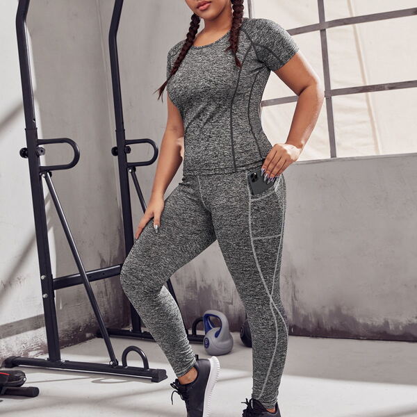

Plus Space Dye Sports Tee & Sports Leggings With Phone Pocket, Dark grey