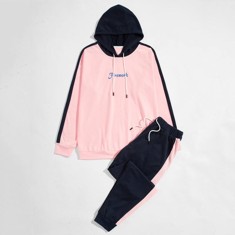 

Guys Contrast Panel Letter Graphic Hoodie & Sweatpants Set, Multicolor