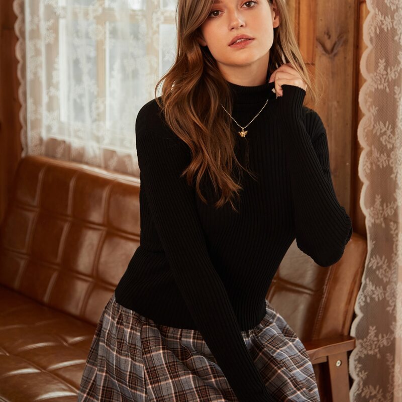 

High Neck Rib Knit Sweater, Black