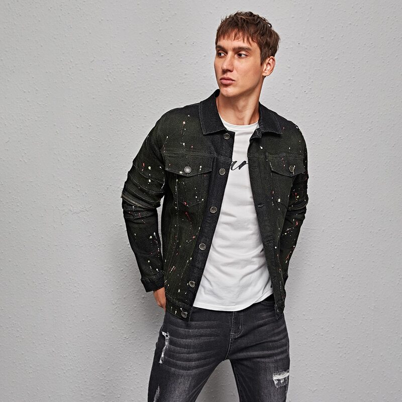 

Guys Splash Ink Print Single Breasted Denim Jacket, Black