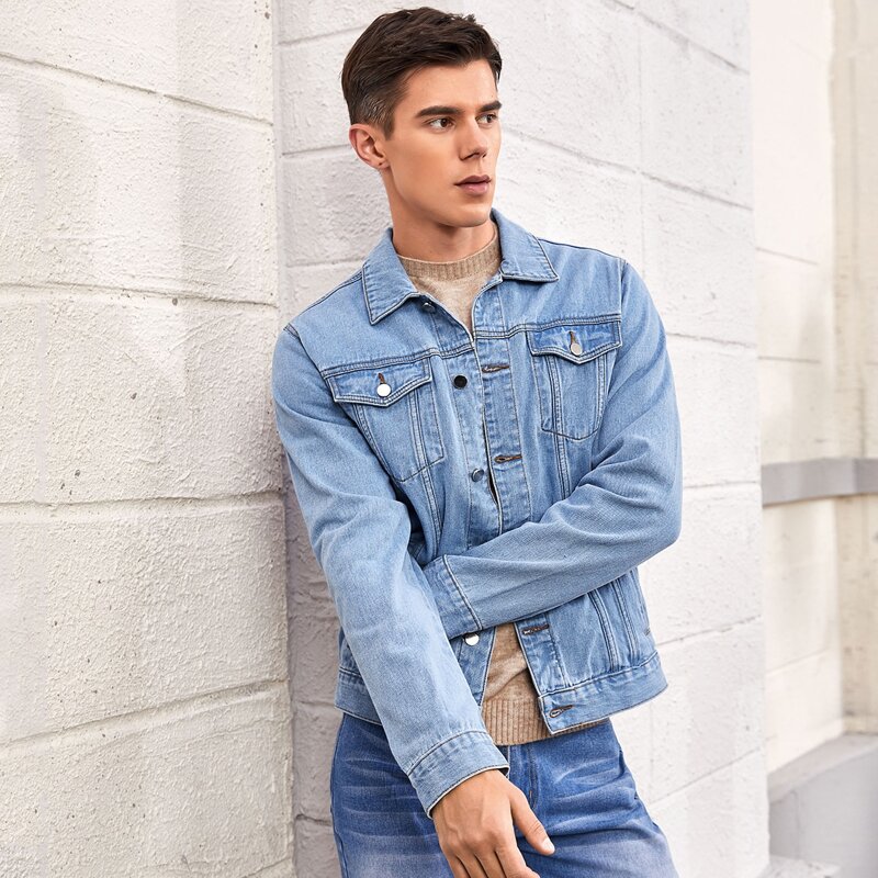 

Guys Single Breasted Flap Pocket Denim Jacket, Light wash