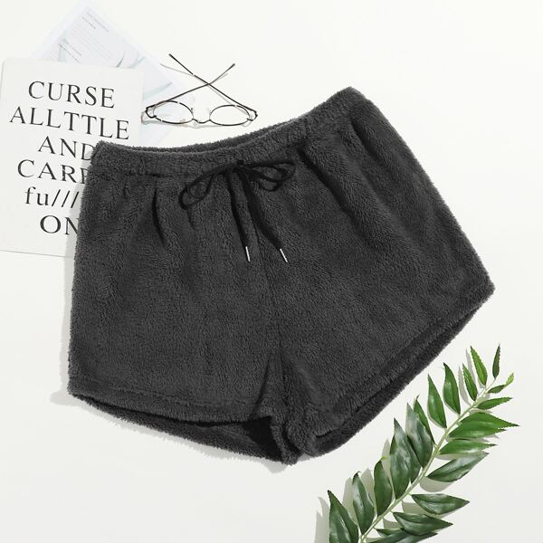 

Plus Drawstring Waist Flannel Sleep Shorts, Dark grey