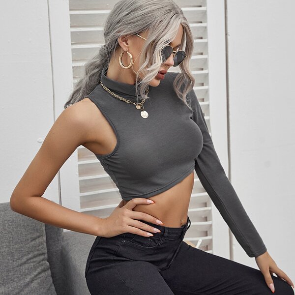 

Mock Neck One Shoulder Crop Tee, Grey
